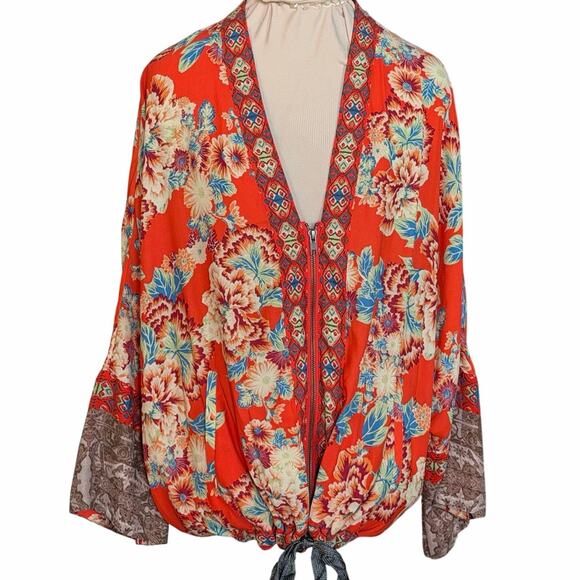Free People Wildflower Cinched Zip Kimono Jacket Orange Blue Cream Floral M L - Picture 2 of 10